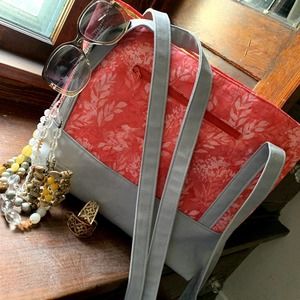 Handcrafted Hot Pink and Gray Floral Batik and Denim Crossbody Carryall